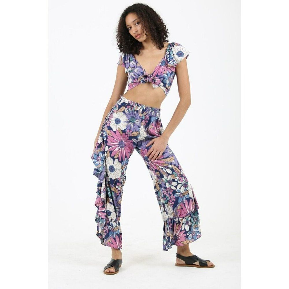 Angie Women's Retro Floral Lavender Ankle Pants Boho Bohemian S-L New 25S31-A771